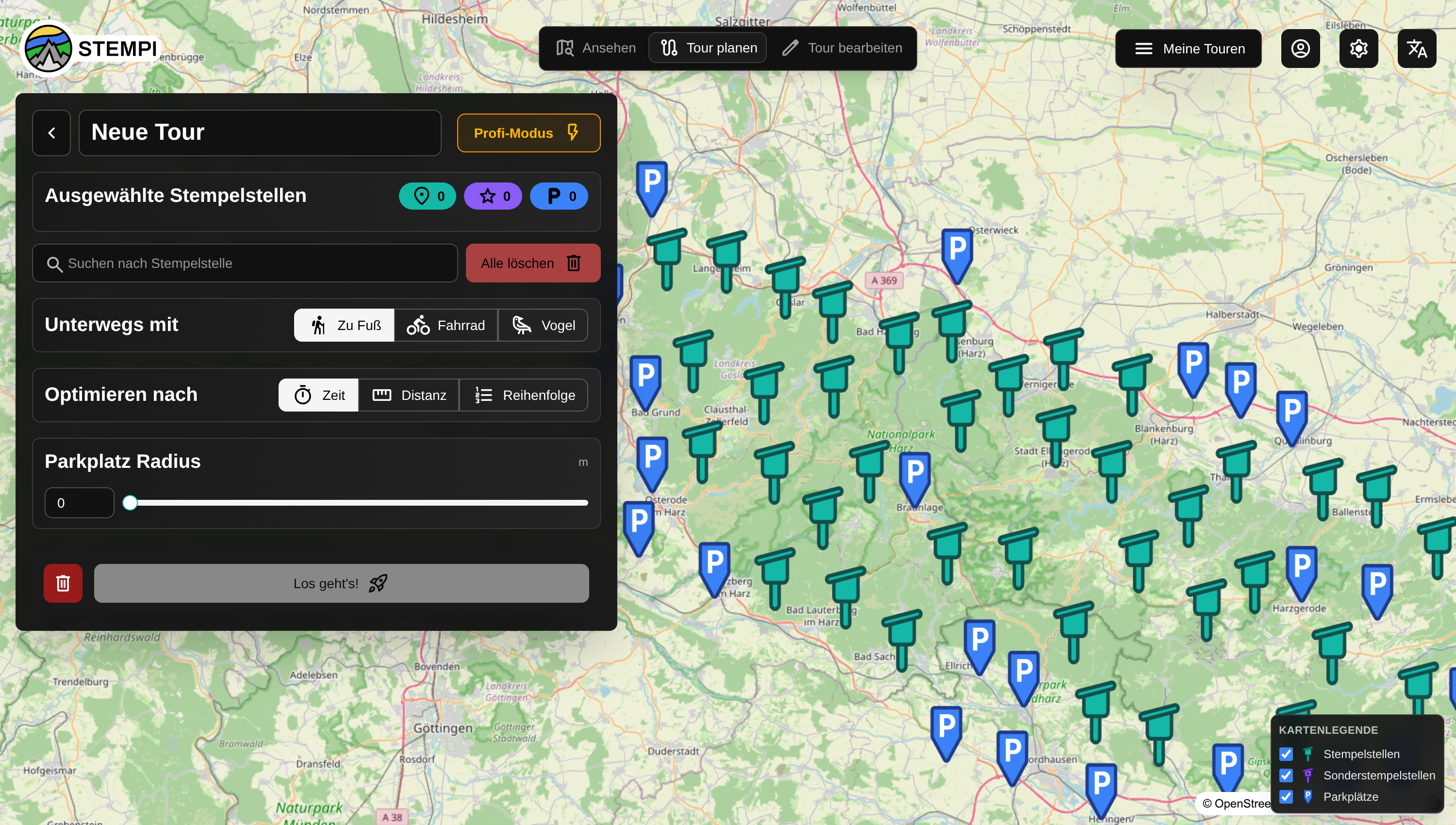 Screenshot des Tour-Planungsmenüs: Stempel auswählen und nach Zeit oder Distanz optimieren